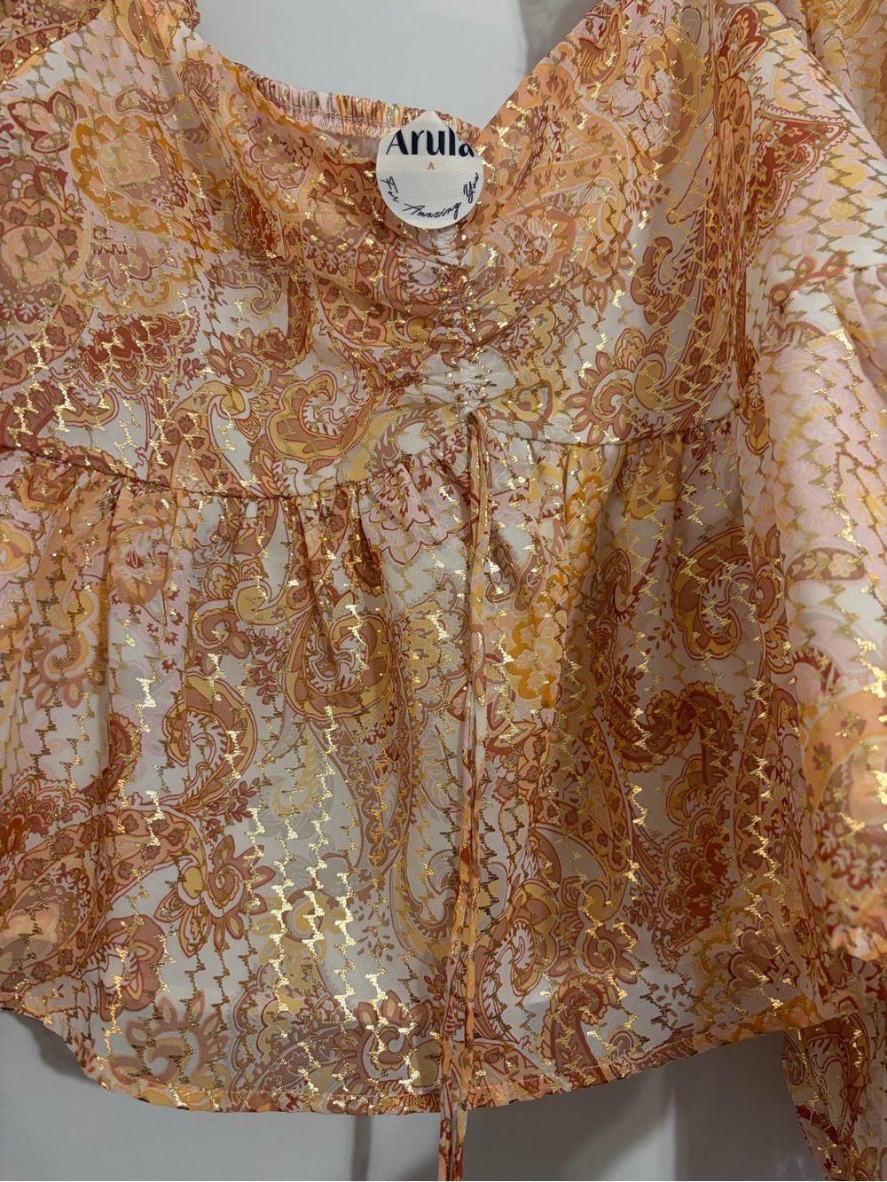 Arula Metallic Paisley Peplum Blouse XL Boho Balloon Sleeve Gold Shimmer - Picture 8 of 9
